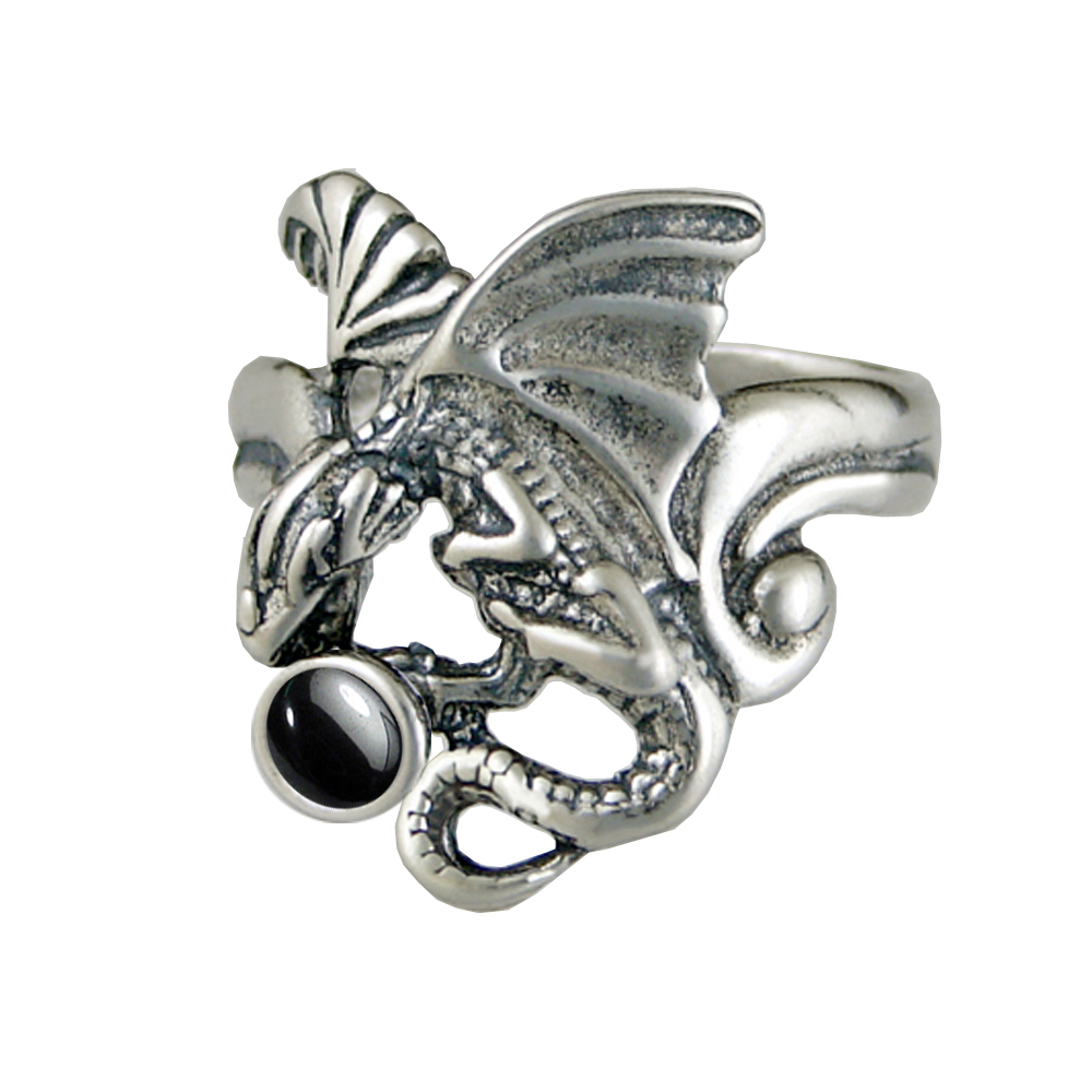 Sterling Silver Detailed Dragon Ring With Hematite Size 11